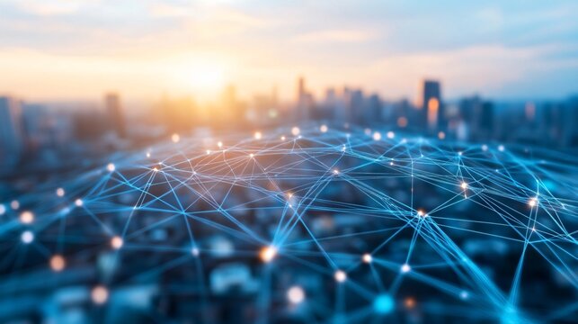 Urban sunset with digital connections, city skyline glowing under bright colors, highlighting technology and connectivity themes.