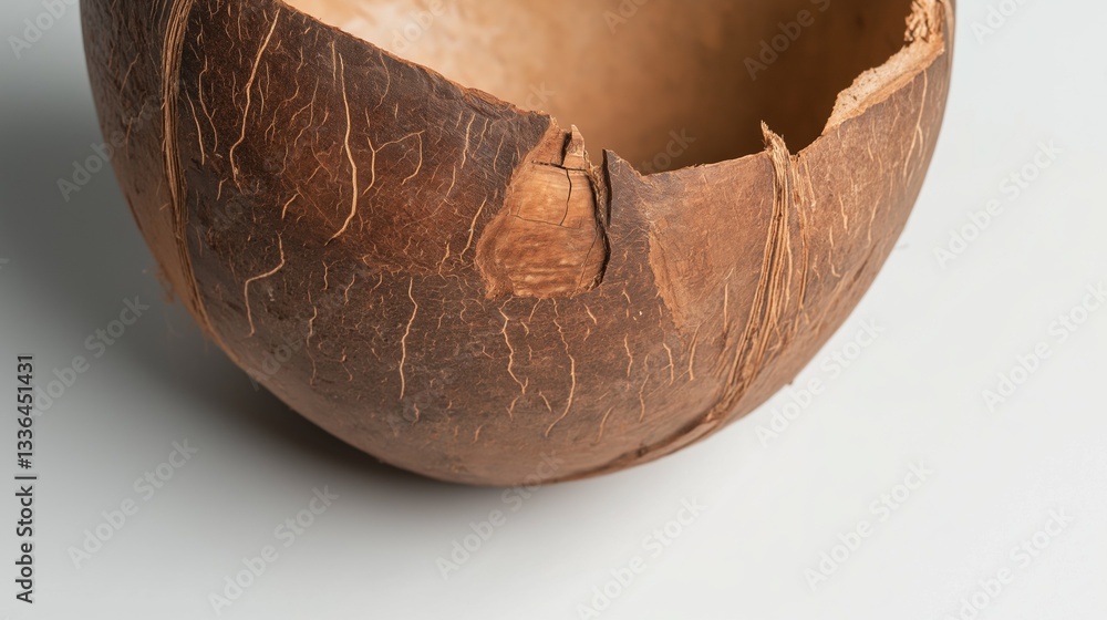 Poster close-up of a coconut shell. the shell is round and has a light brown color. the surface of the shel