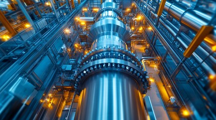 Futuristic cityscape, towering blue structures with glowing yellow lights, highlighting urban innovation and technology.