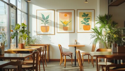 Obraz premium Cozy cafe interior with plant prints and natural light