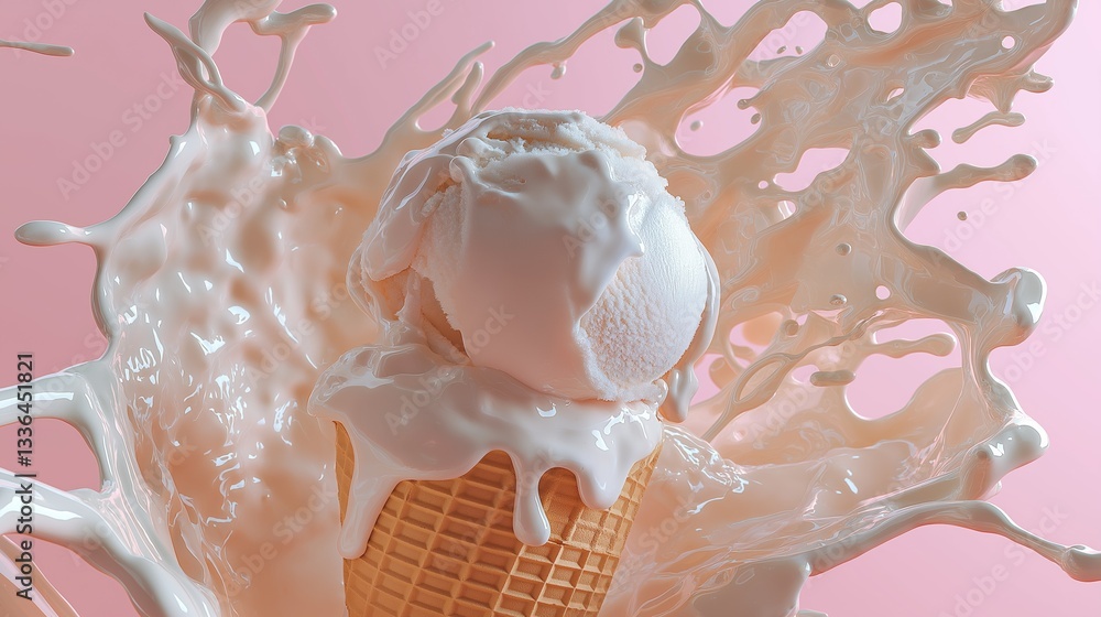 Poster scoop of vanilla ice cream in a waffle cone. the ice cream is white and fluffy, and it is splashing 