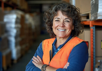 A middle-aged woman wearing an orange safety vest smiles while crossing her arms. She stands in a warehouse filled with cardboard boxes, conveying a sense of pride and professionalism