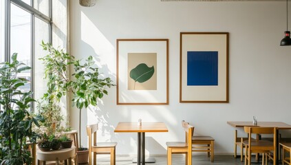Bright cafe interior with plants and art