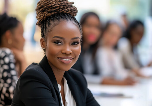 An African businesswoman smiles while seated at a conference table surrounded by colleagues in a bright and modern office. The atmosphere suggests a productive discussion