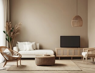 Beige living room with wicker furniture and neutral tones