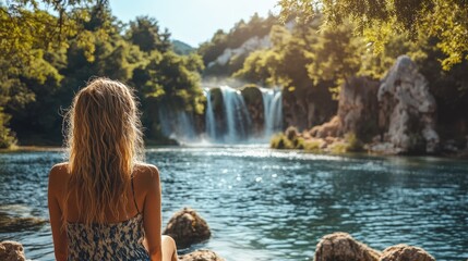woman looking at beautiful waterfalls. Selective focus.