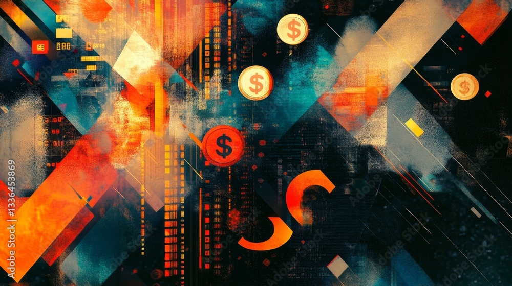 Poster creating an abstract financial composition digital workspace artwork studio aerial view geometric gi