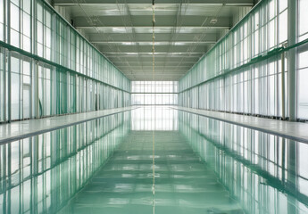 The factory features a stunning glass pool bathed in natural light, with reflections on the water surface. The spacious area has an open ceiling and sleek design, creating a tranquil atmosphere