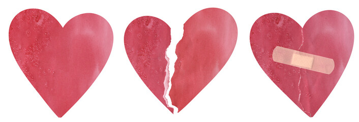 paper cut collage illustration set of hearts: 
loving, broken, and healed