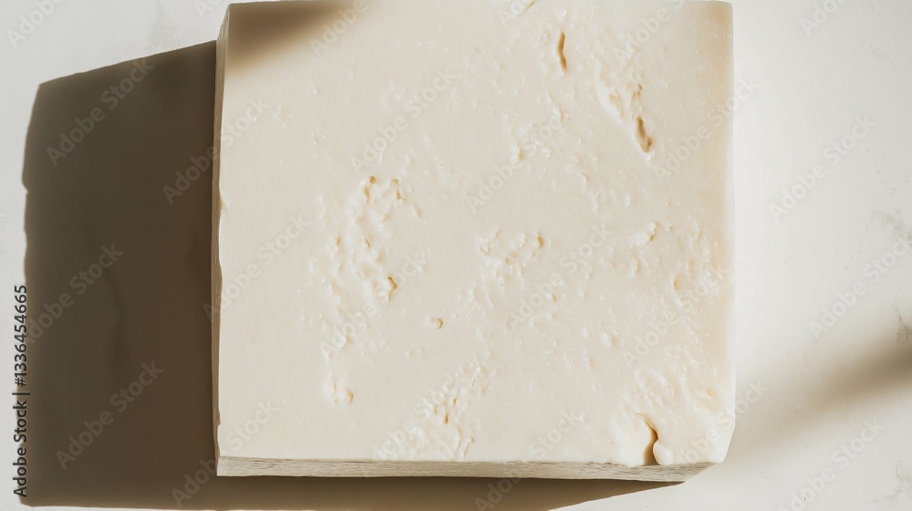 Poster close-up of a block of cheese. the cheese is white in color and has a smooth texture. it is rectangu