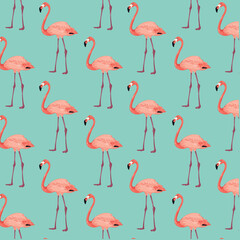 Obraz premium Summer pattern with pink flamingo. Tropical and exotic big bird on the coast. Vector background for fabric, textile, summer beach design.