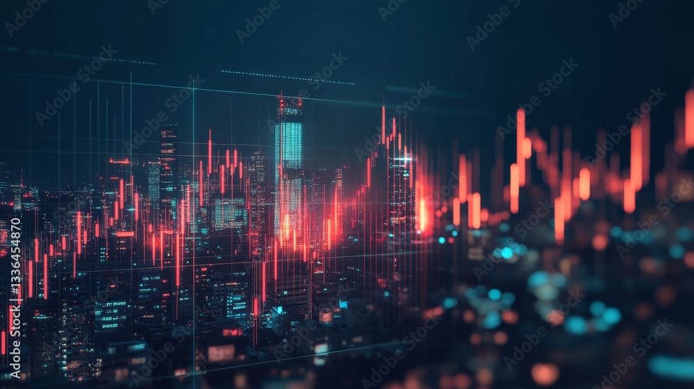 Poster analyzing abstract glowing forex candlestick chart layer digital finance data visualization virtual 