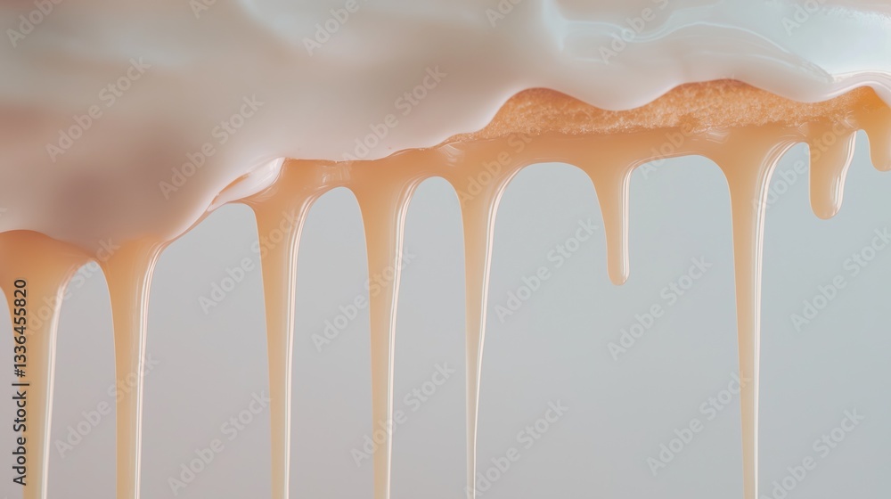 Poster close-up of a drizzle of orange liquid on a white background. the liquid appears to be dripping down