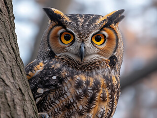 Obraz premium A striking photo of an owl, showcasing its intense gaze and intricate feather patterns. Perfect for prints, posters, or decor, bringing the mystery and beauty of this nocturnal hunter into any space!