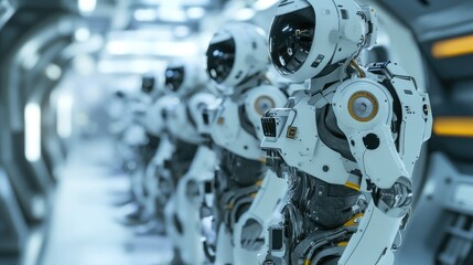 Fototapeta premium Advanced futuristic robotic crew assisting astronauts in space exploration initiative