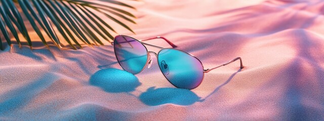 Sunglasses on the beach. Selective focus.