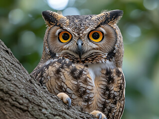 Fototapeta premium A striking photo of an owl, showcasing its intense gaze and intricate feather patterns. Perfect for prints, posters, or decor, bringing the mystery and beauty of this nocturnal hunter into any space!