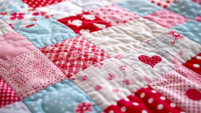 Colorful quilt featuring patchwork patterns in red and blue tones displayed on a textured surface