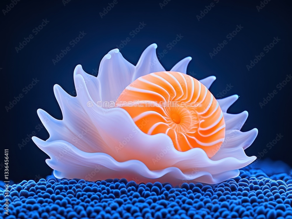 Poster vibrant nautilus shell resting on a textured blue surface with soft lighting