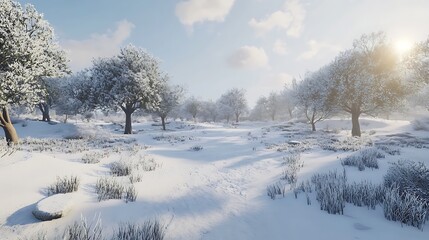 Obraz premium Snowy Winter Orchard Landscape, Sunlit