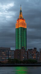 Fototapeta premium A tall skyscraper illuminated with colorful orange and green lights