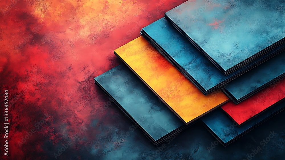 Poster abstract layered colorful squares on red background