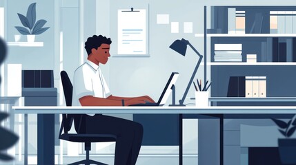 Illustration of an office worker using technology at a modern minimalist workspace