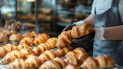 Blurred salesperson in apron places delicious croissants on bakery display case, Small home business.
