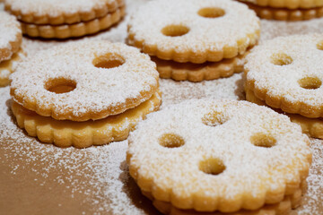 Homemade Linzer cookies with jam filling and powdered sugar
