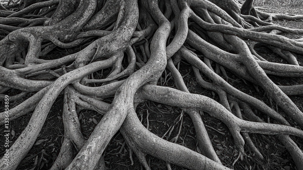 Poster black and white photograph of the roots of a tree. the roots are intertwined and intertwining, creat