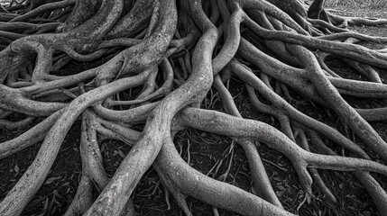 Black and white photograph of the roots of a tree. the roots are intertwined and intertwining, creating a complex and intricate pattern.