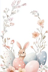 Watercolor Easter Bunny with Pastel Decorative Eggs and Floral Frame for Spring Holiday Greeting Cards and Invitations