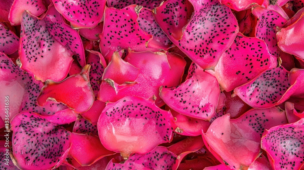 Poster close-up of a pile of pink dragon fruit slices. the slices are arranged in a random pattern, with so