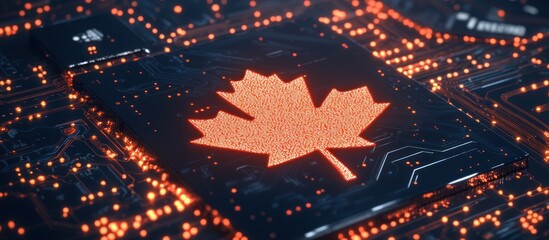 Obraz premium An illuminated maple leaf design on a circuit board surface