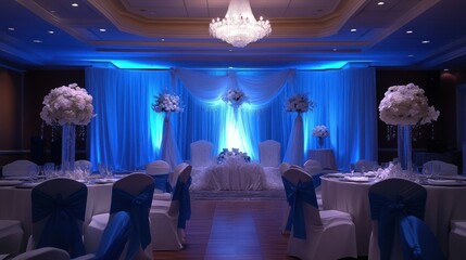 Elegant Wedding Reception Venue Decorated in Blue and White