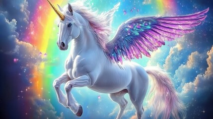 Fototapeta premium Portrait of a unicorn on a rainbow background. Selective focus.