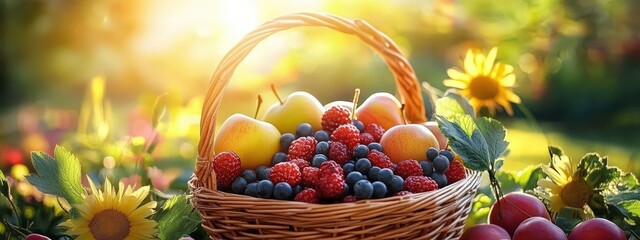 Basket with fruits and berries in the garden. Selective focus.