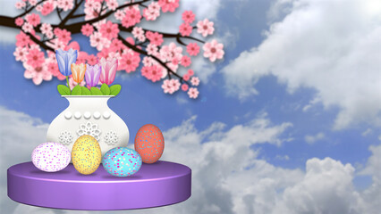 decorated easter set with colorful eggs and beautiful flower pot on blue sky background and waving pink flower Branch. concept for easter holiday blessings and greetings.