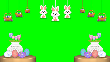 easter holiday decoration on green screen with flower pot, colorful eggs and swinging cute white bunny. easter day decoration illustration.