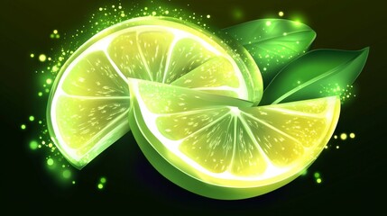 High quality illustration of Lemon slices with glowing highlights in green, modern and fresh