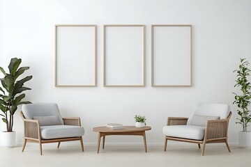 Three Blank Poster Frames in a Bright Room with White Walls