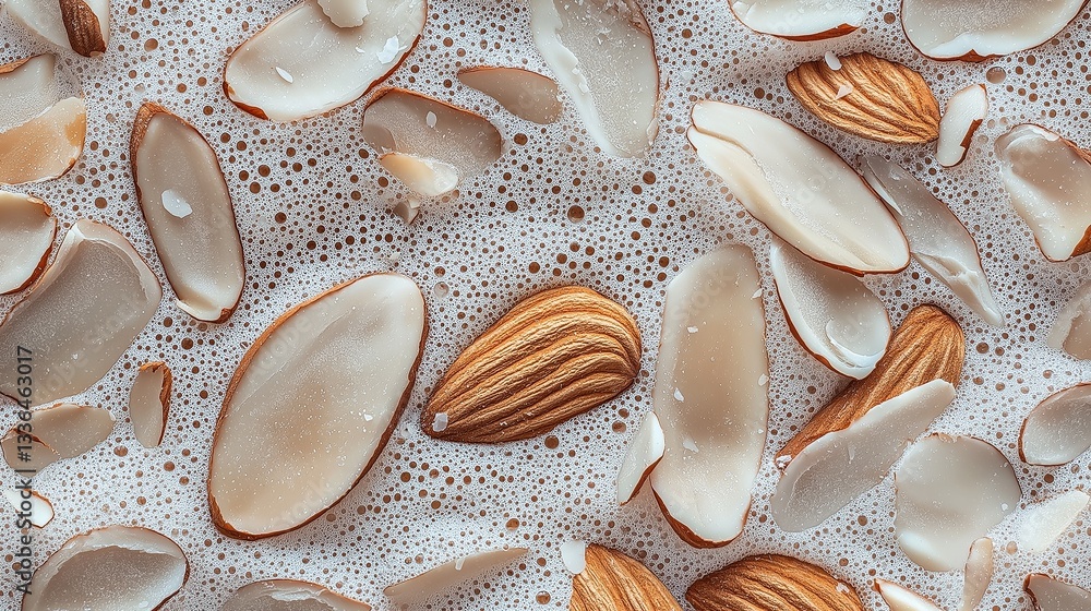 Poster close-up of a group of almonds scattered on a white surface. the almonds are of different sizes and 