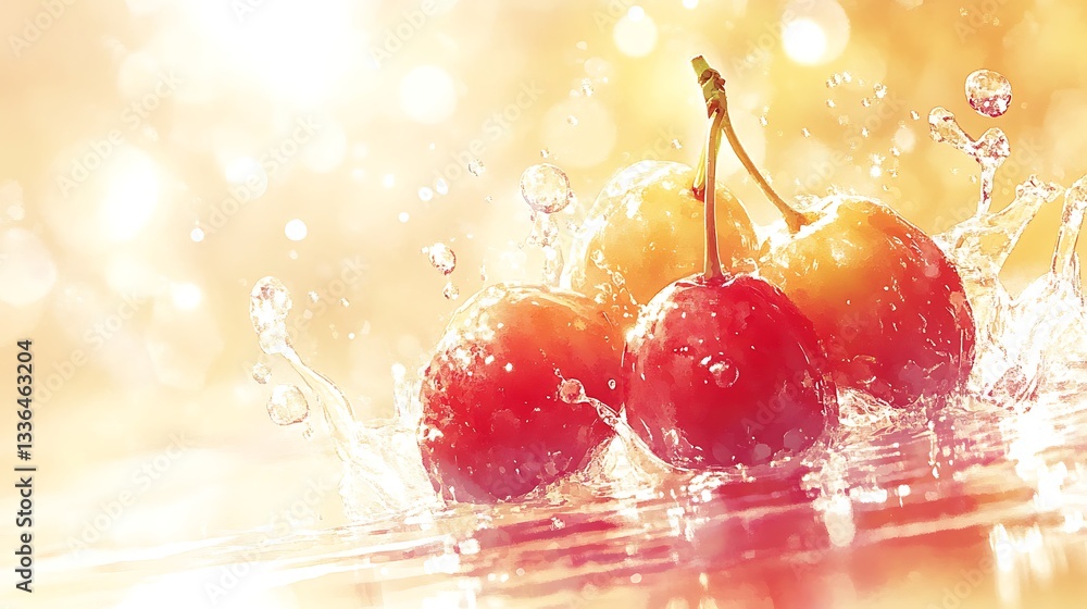 Poster cherries splashing into fresh water with splashes creating light bokeh and soft focus background