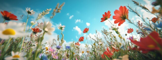 Flowers in the meadow taken from the ground to the sky. Selective focus.