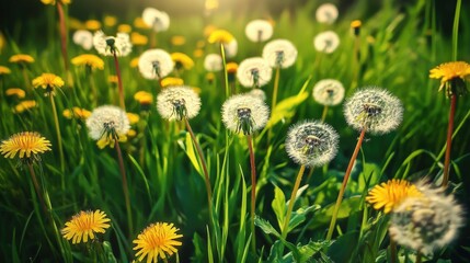 many blooming dandelions in the field. Selective focus.