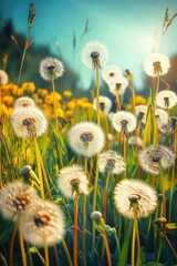many blooming dandelions in the field. Selective focus.