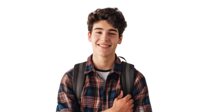 Smiling student wearing backpack on transparent background