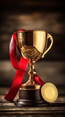 A golden trophy and medal with red ribbons displayed nicely
