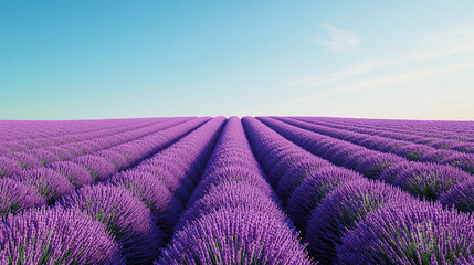 Fototapeta premium A field of vibrant purple lavender in full bloom under a clear sky.