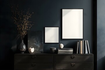 Dark Art Room Interior with Drawer, Books, and Decorations